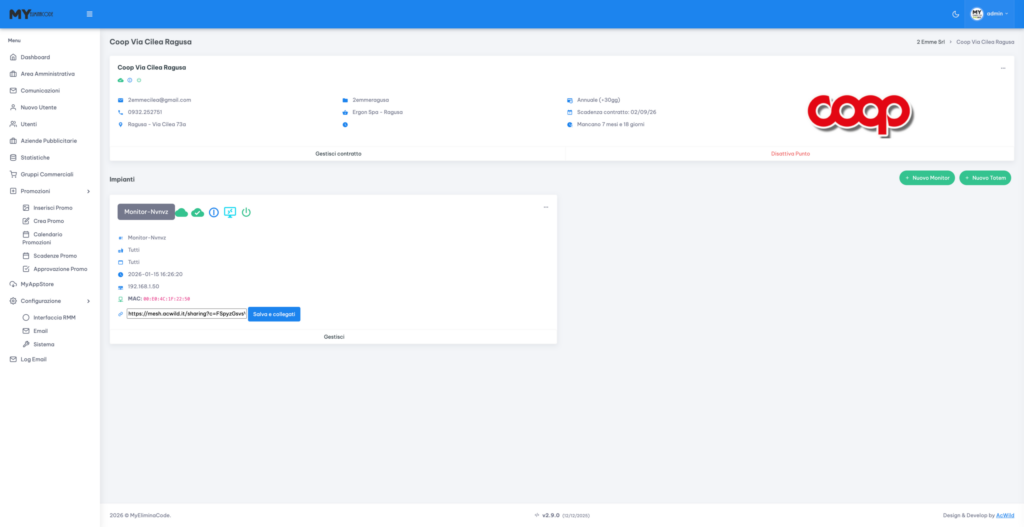 Pannello di gestione dei singoli punti vendita o uffici mediante il cloud myeliminacode